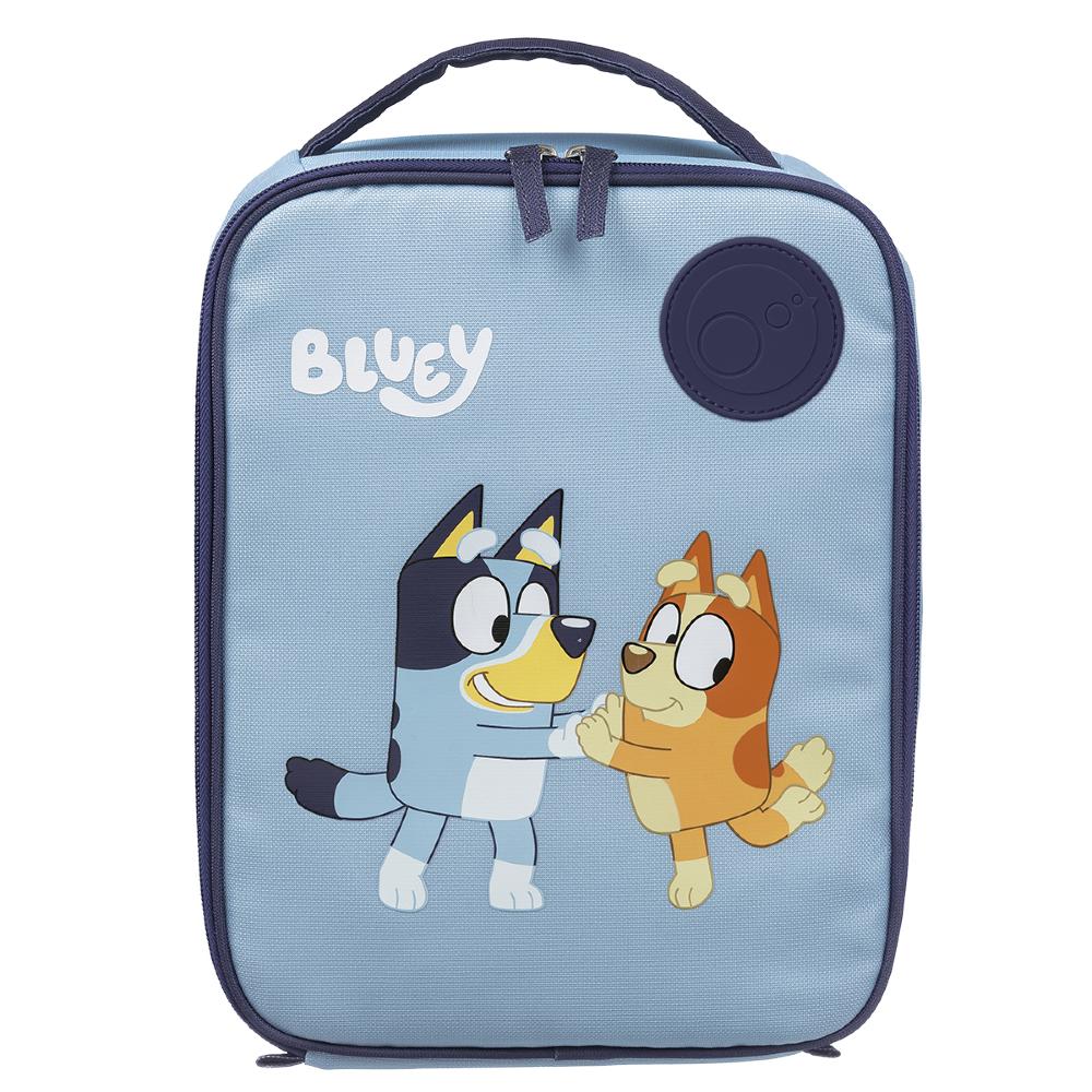 Blue insulated lunch bag with cartoon characters and 'Bluey' branding on a white background