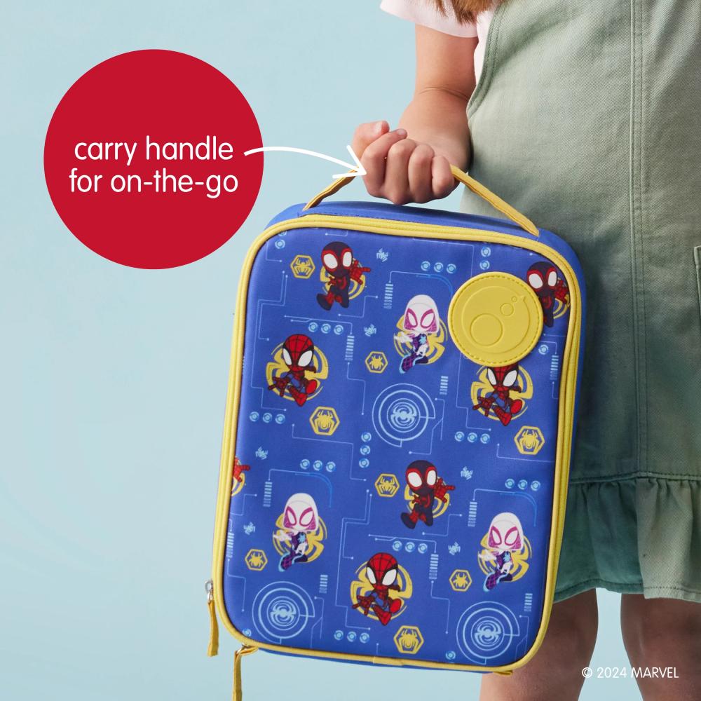 Blue insulated lunch bag with Spider-Man design held by a child against a light blue background