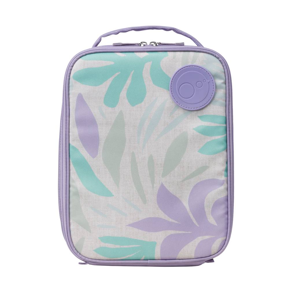 Rectangular insulated lunch bag with leaf pattern and purple accents on a white background