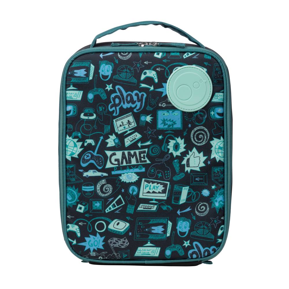 insulated lunch bag with gaming-themed design on a white background
