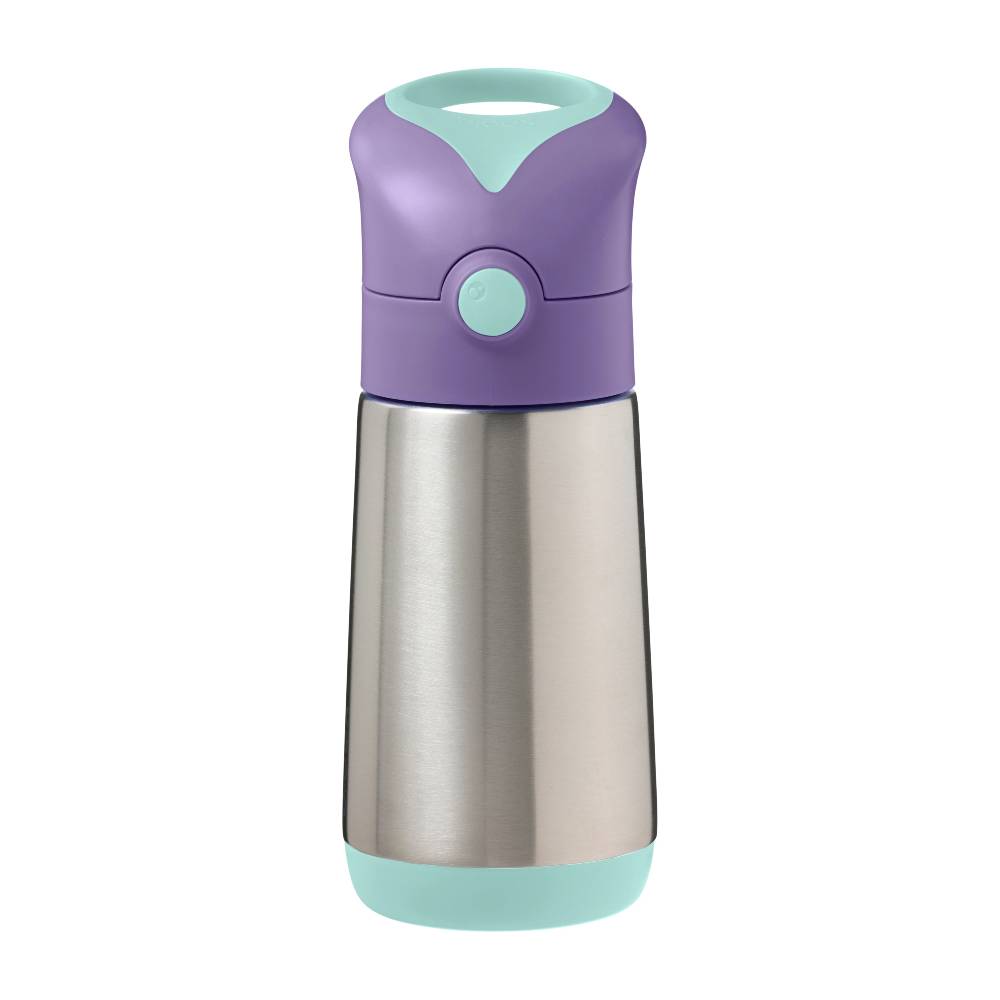 b.box insulated water bottle with purple top and green bottom on a white background