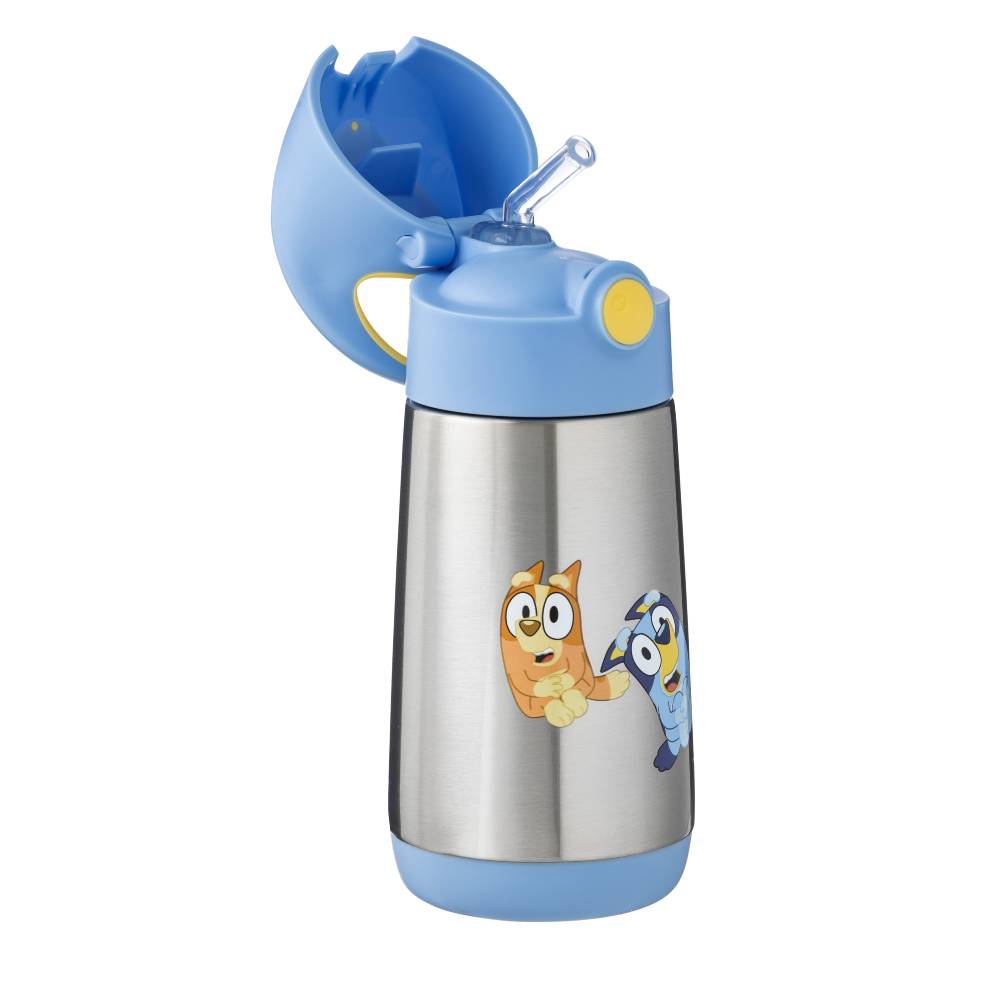 A stainless steel water bottle with a light blue lid and base, featuring Bluey printed on the front. The lid is shown open, revealing a clear straw, against a plain white background.