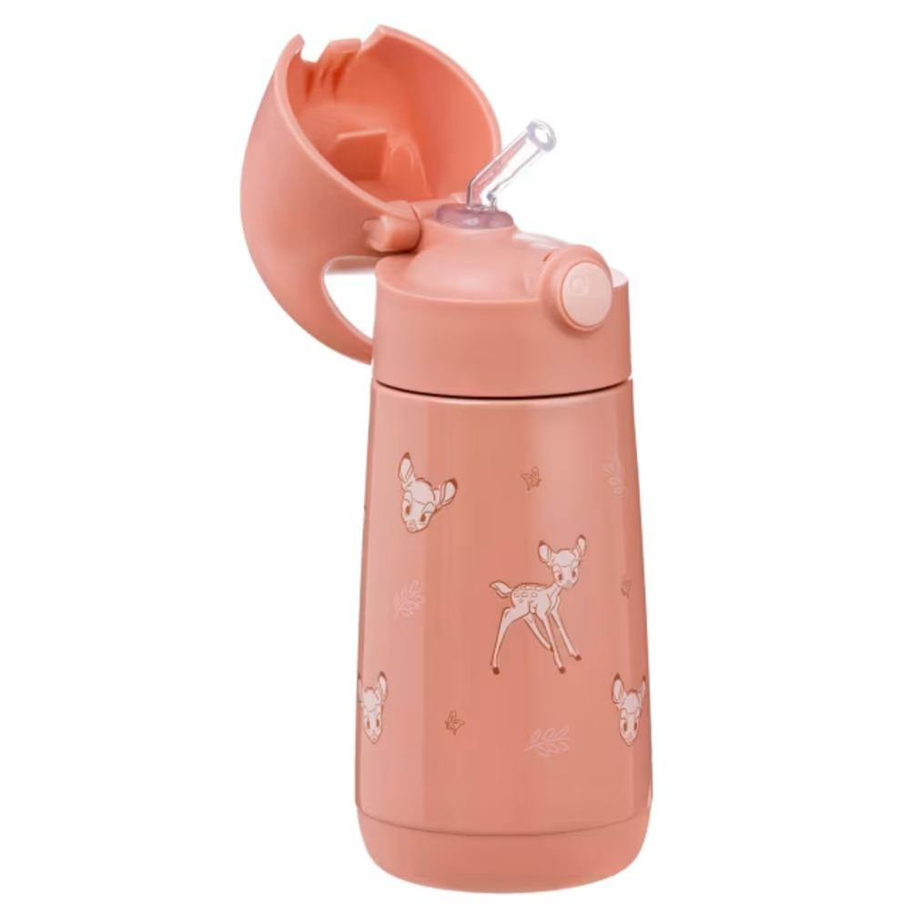 A pink water bottle with a matching pink flip-up lid and straw, decorated with white deer illustrations, shown on a plain white background.
