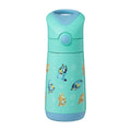 Light blue insulated water bottle with cartoon character design on a white background