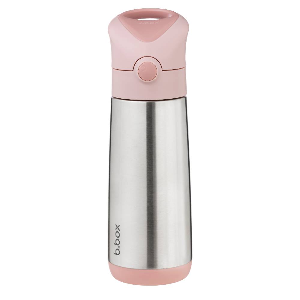 A stainless steel insulated water bottle with a pink lid and base, featuring the 'b.box' logo printed vertically on the lower left, set against a plain white background.