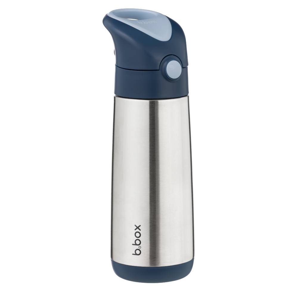 A stainless steel water bottle with a navy blue lid and base, featuring the 'b.box' logo printed vertically on the lower front, set against a plain white background.