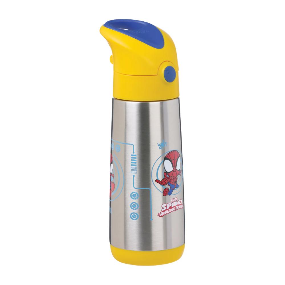 A stainless steel water bottle with a yellow and blue flip-top lid and Spider-Man graphics on the front, set against a plain white background.