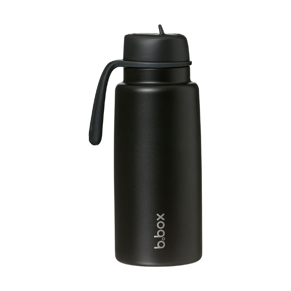 Black insulated water bottle with a handle on a white background