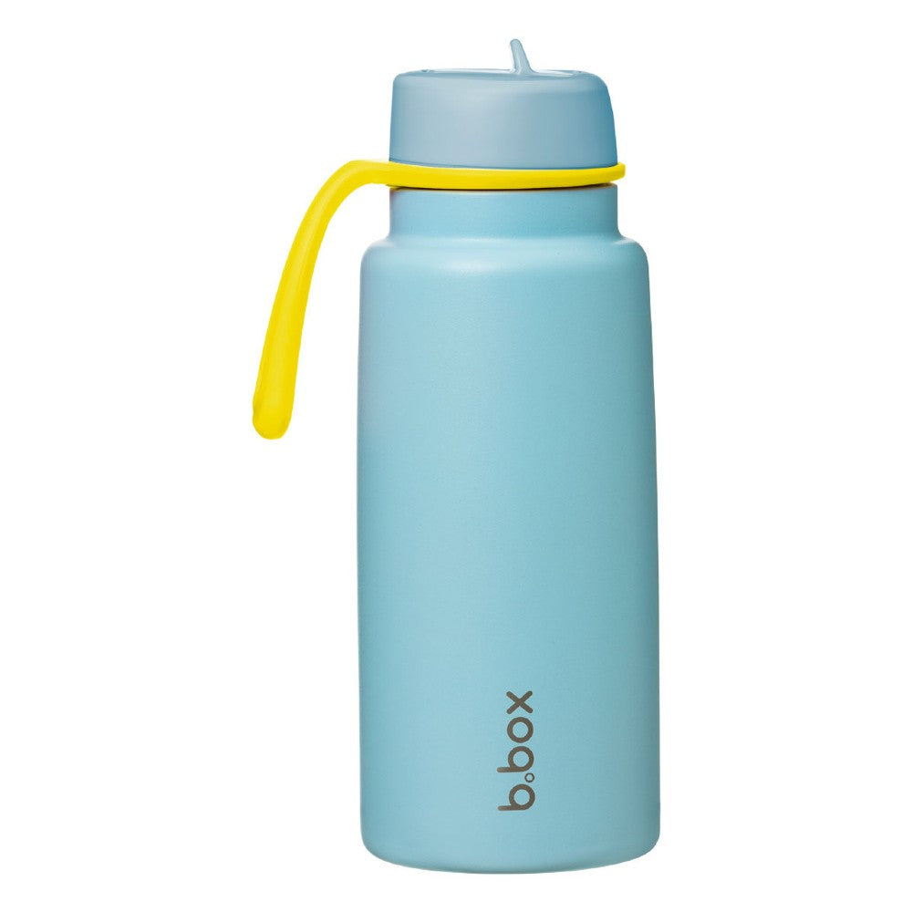 Light blue insulated water bottle with yellow straw lid on a white background