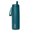 Teal water bottle with handle and straw lid on a white background