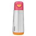 Stainless steel water bottle with pink and orange lid on a white background
