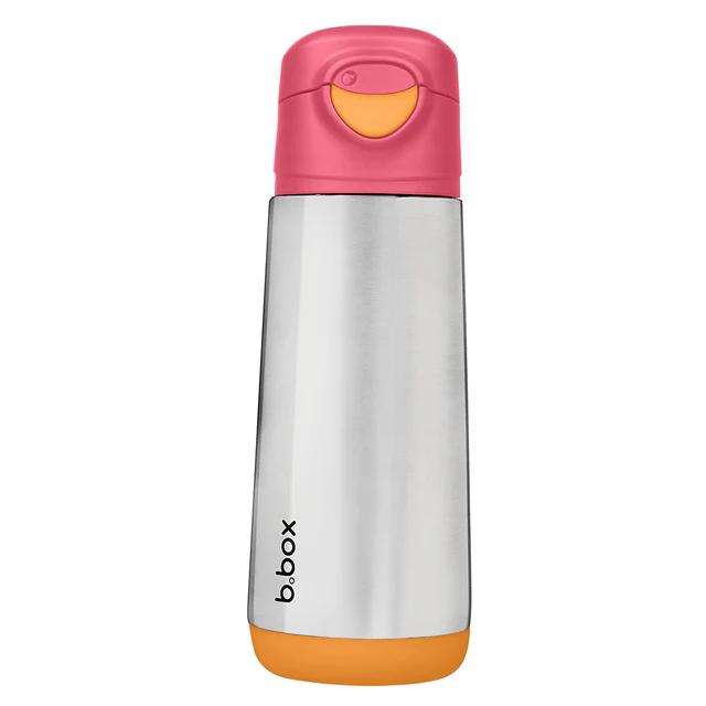 Stainless steel water bottle with pink and orange lid on a white background