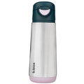 Stainless steel water bottle with a dark green cap and pink base on a white background