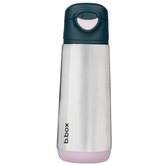 Stainless steel water bottle with a dark green cap and pink base on a white background