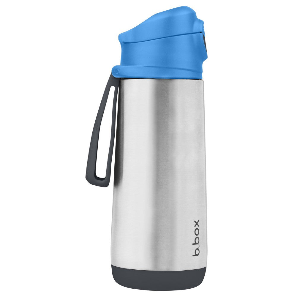 Stainless steel water bottle with blue cap and black handle on a white background