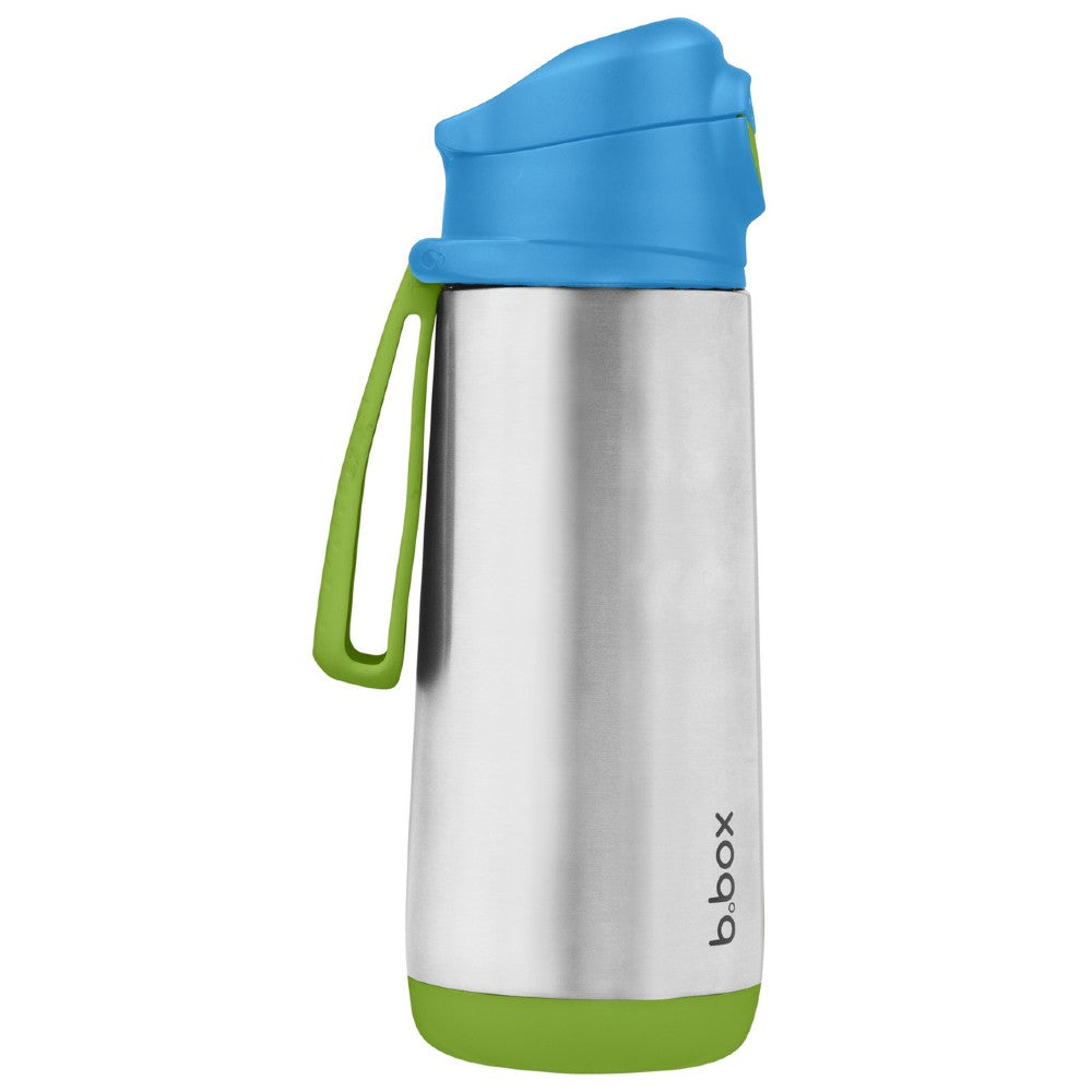Stainless steel water bottle with blue and green accents on a white background