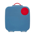 Blue lunchbox with a red circular handle on a white background