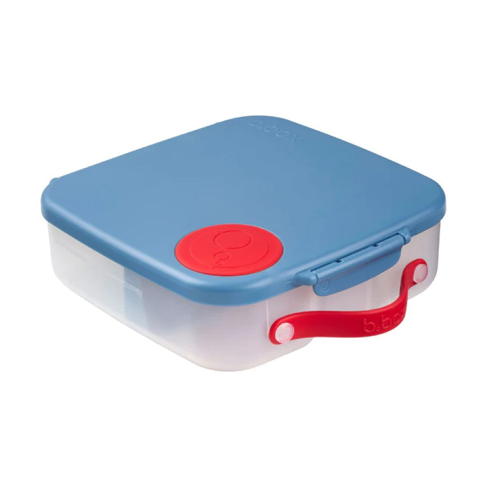b.box lunchbox with blue lid and red accents on a white background