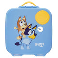 Blue lunch box with cartoon characters and 'Bluey' branding on a white background