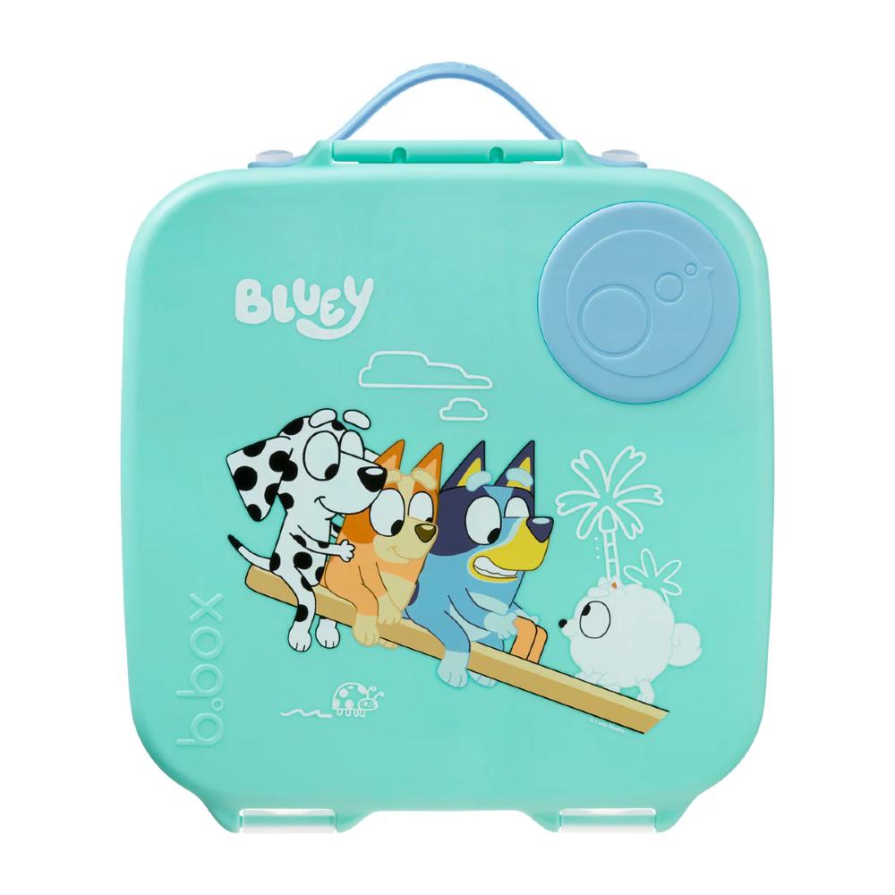 Bluey themed lunch box with cartoon characters on a white background