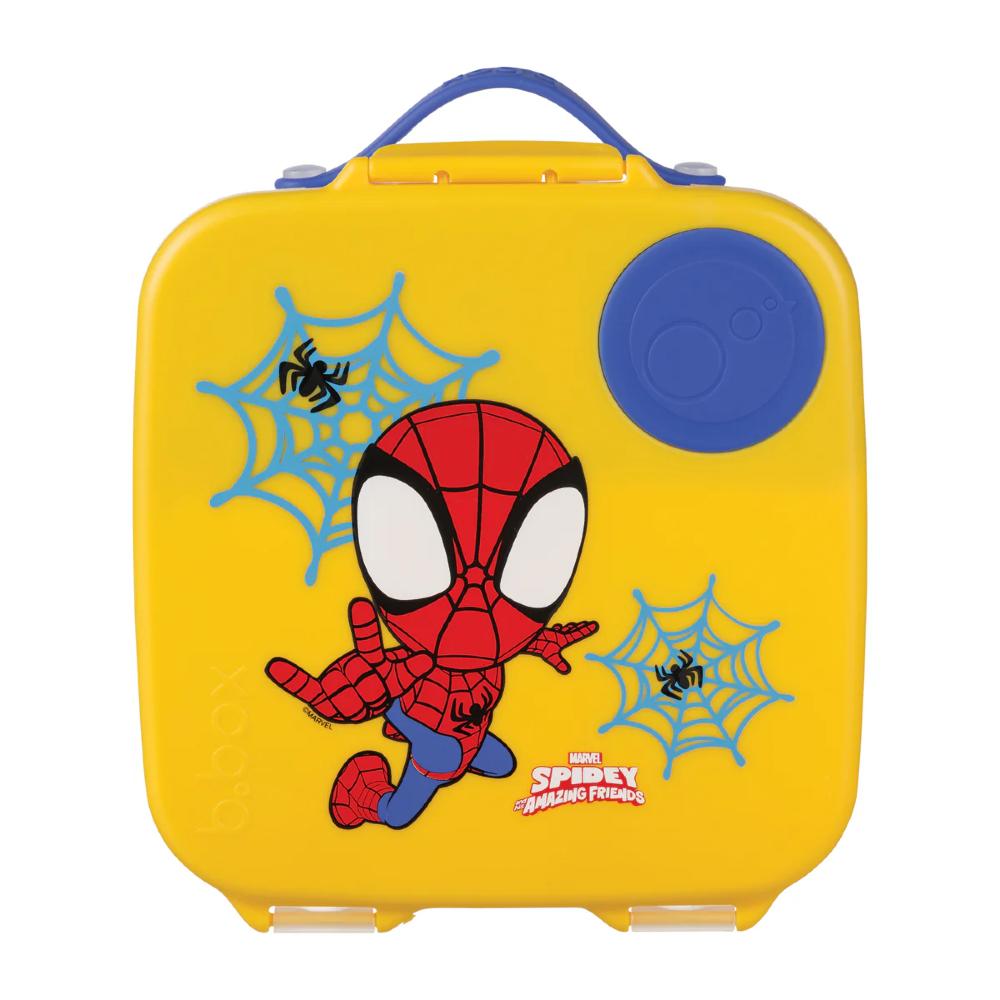 Yellow lunchbox with Spider-Man design on a white background