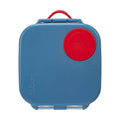 Blue lunch box with a red handle and circular logo on a white background