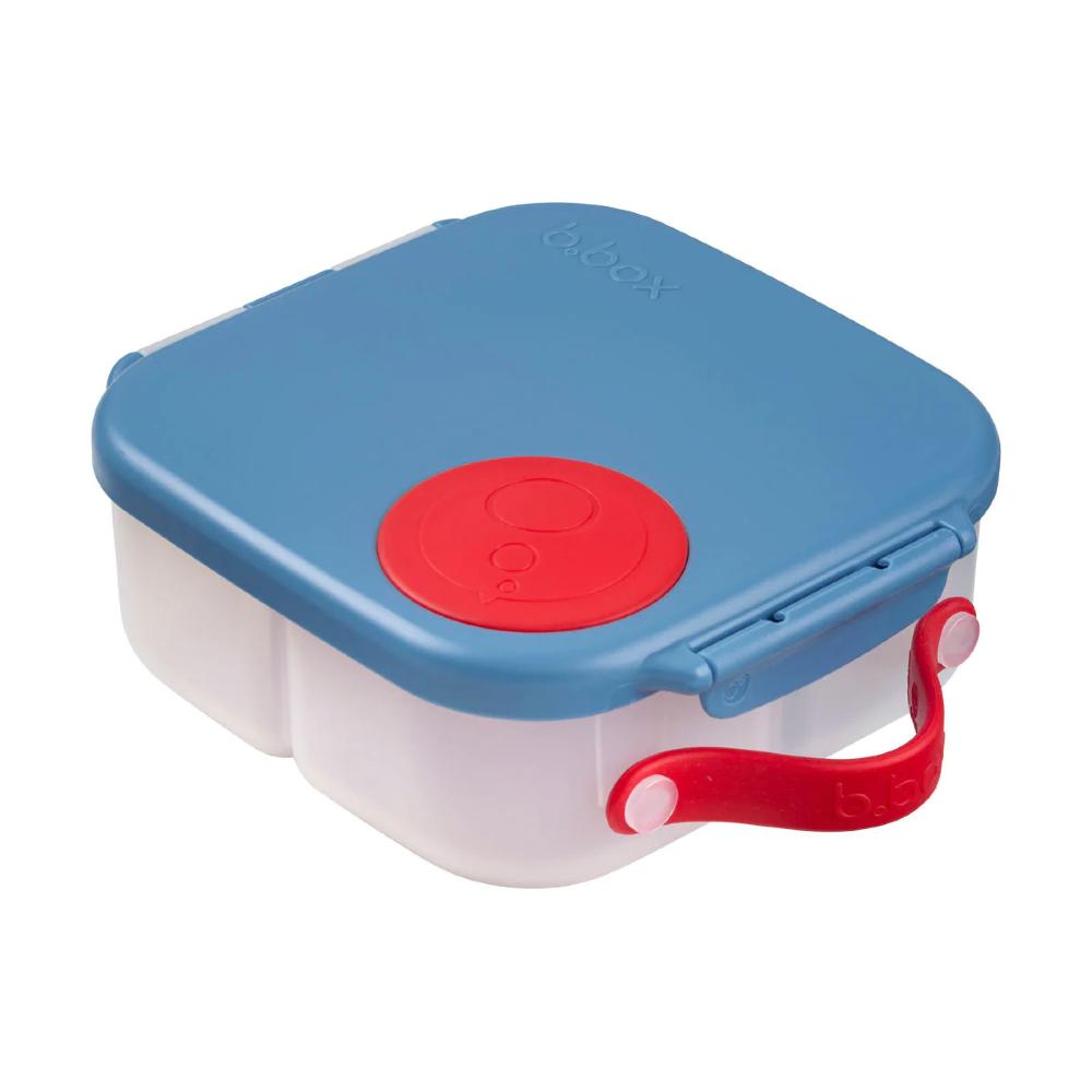 Blue and red lunchbox with a white background