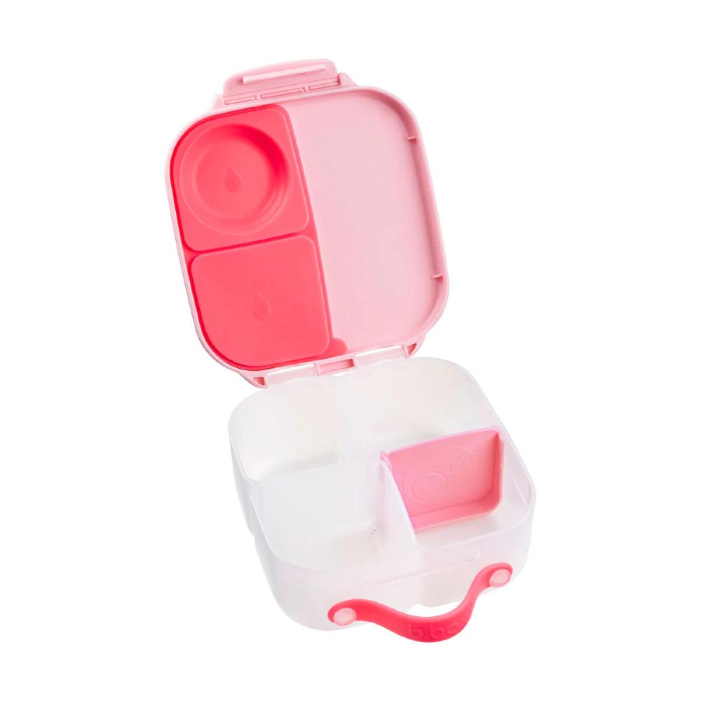 Pink and clear mini lunchbox with a lid on a white background