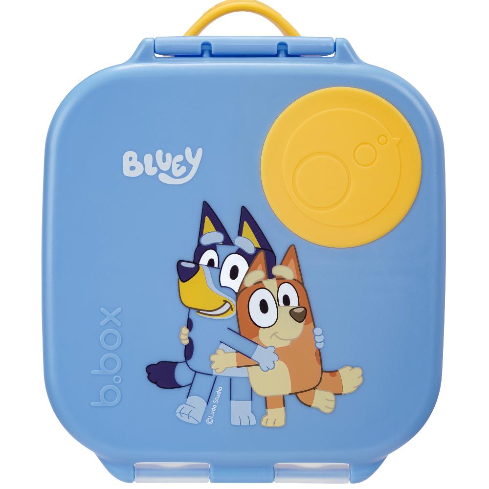 Blue lunch box with cartoon characters and 'Bluey' branding on a white background