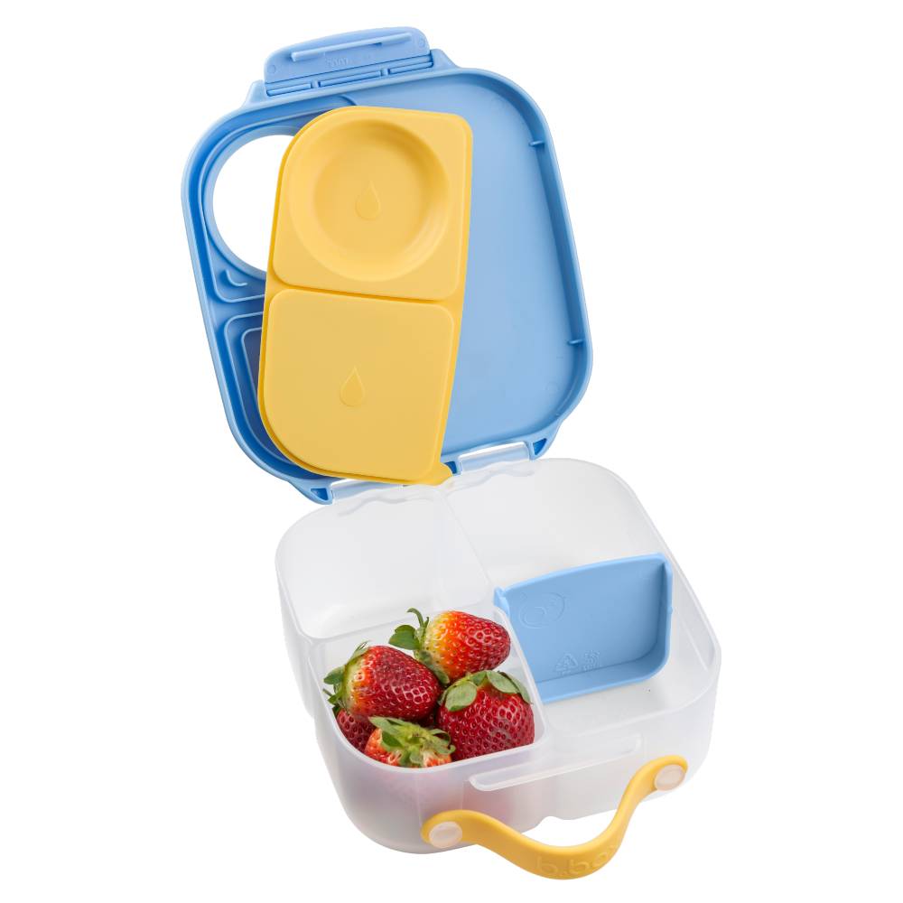 Children's mini lunchboxcontainer with strawberries inside on a white background