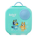 Teal mini lunchbox with cartoon characters and 'Bluey' branding on a white background