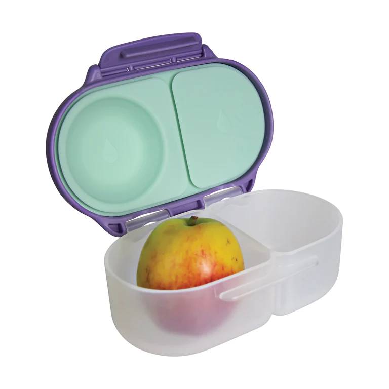 Purple and green snack container with an apple inside on a white background