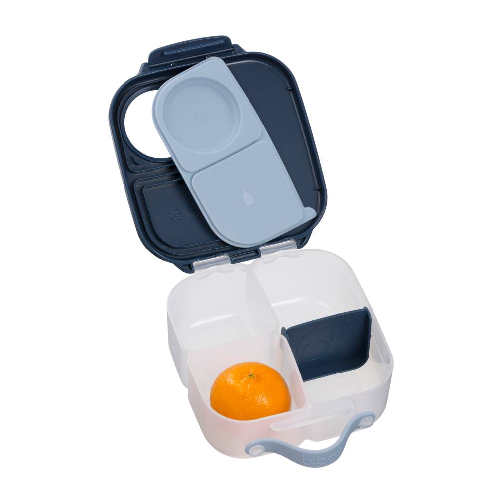 White and bluemini lunch box with an orange inside on a white background