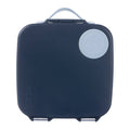 Navy blue lunchbox with a circular handle and brand logo on a white background