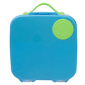Blue lunch box with green handle and circular logo on a white background