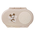 A beige snackbox with a Mickey image on the front. 