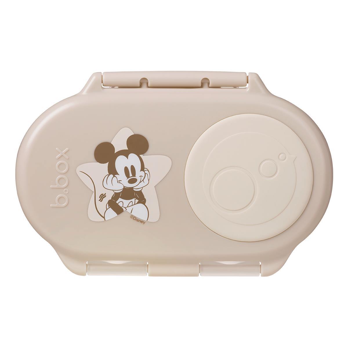 A beige snackbox with a Mickey image on the front. 