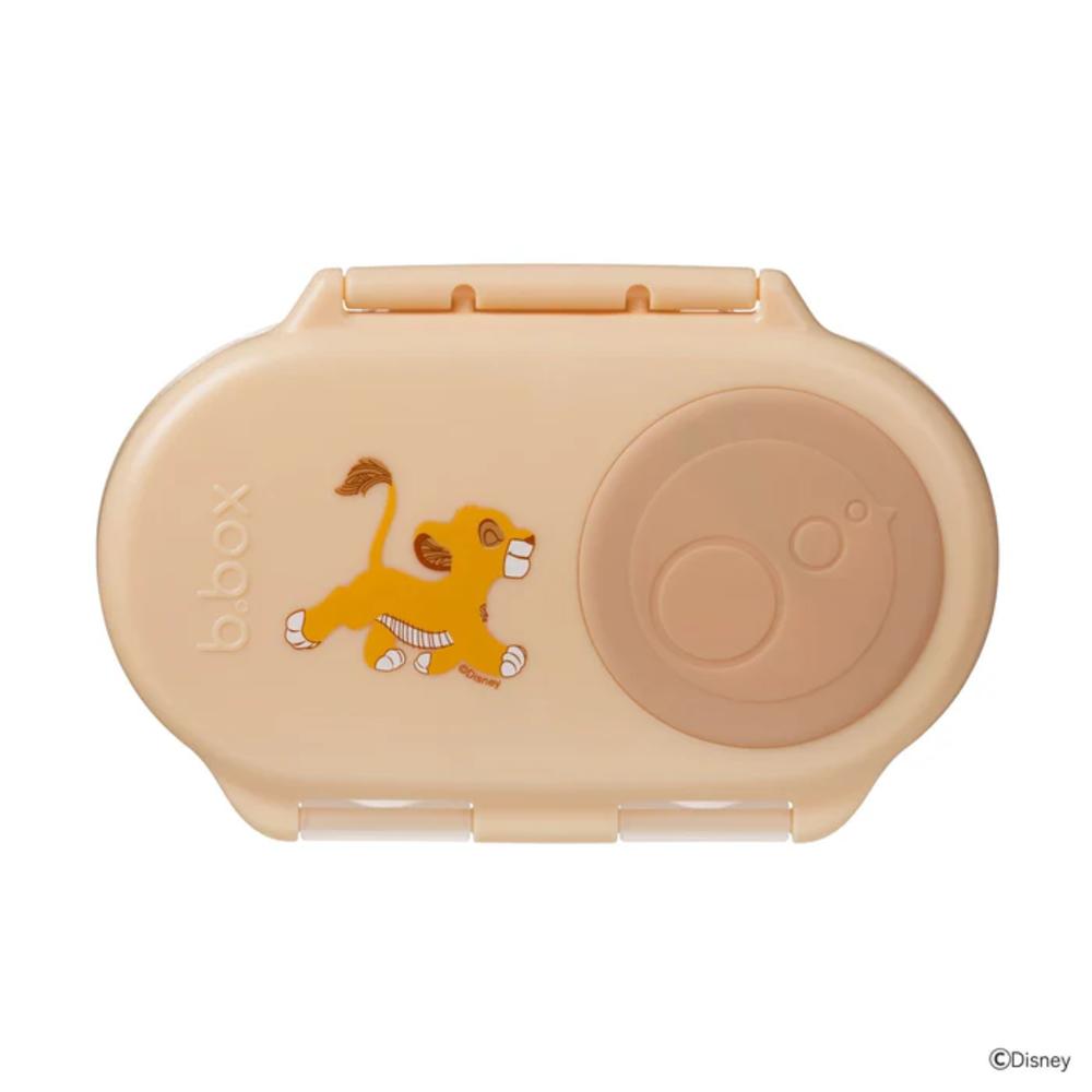 Beige snack container with a cartoon lion design on a white background