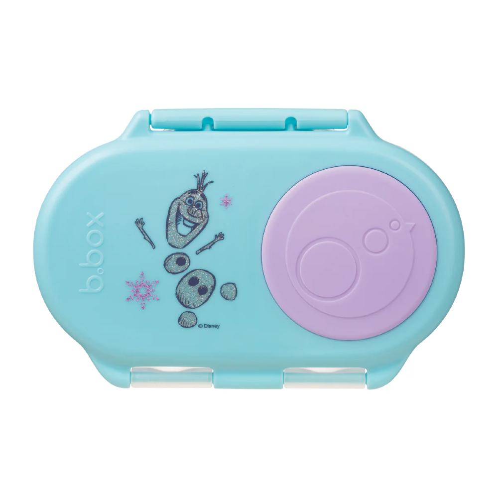 Light blue snack container with purple circle and Olaf design on a white background