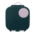 Dark mini lunch box with a pink circular logo on a white background