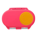 Pink and orange snack container with a visible brand logo on a white background