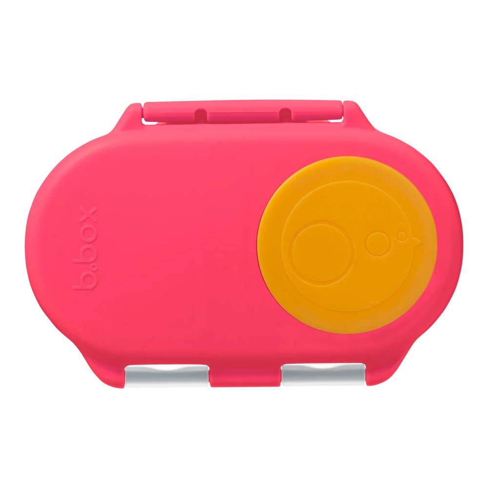 Pink and orange snack container with a visible brand logo on a white background