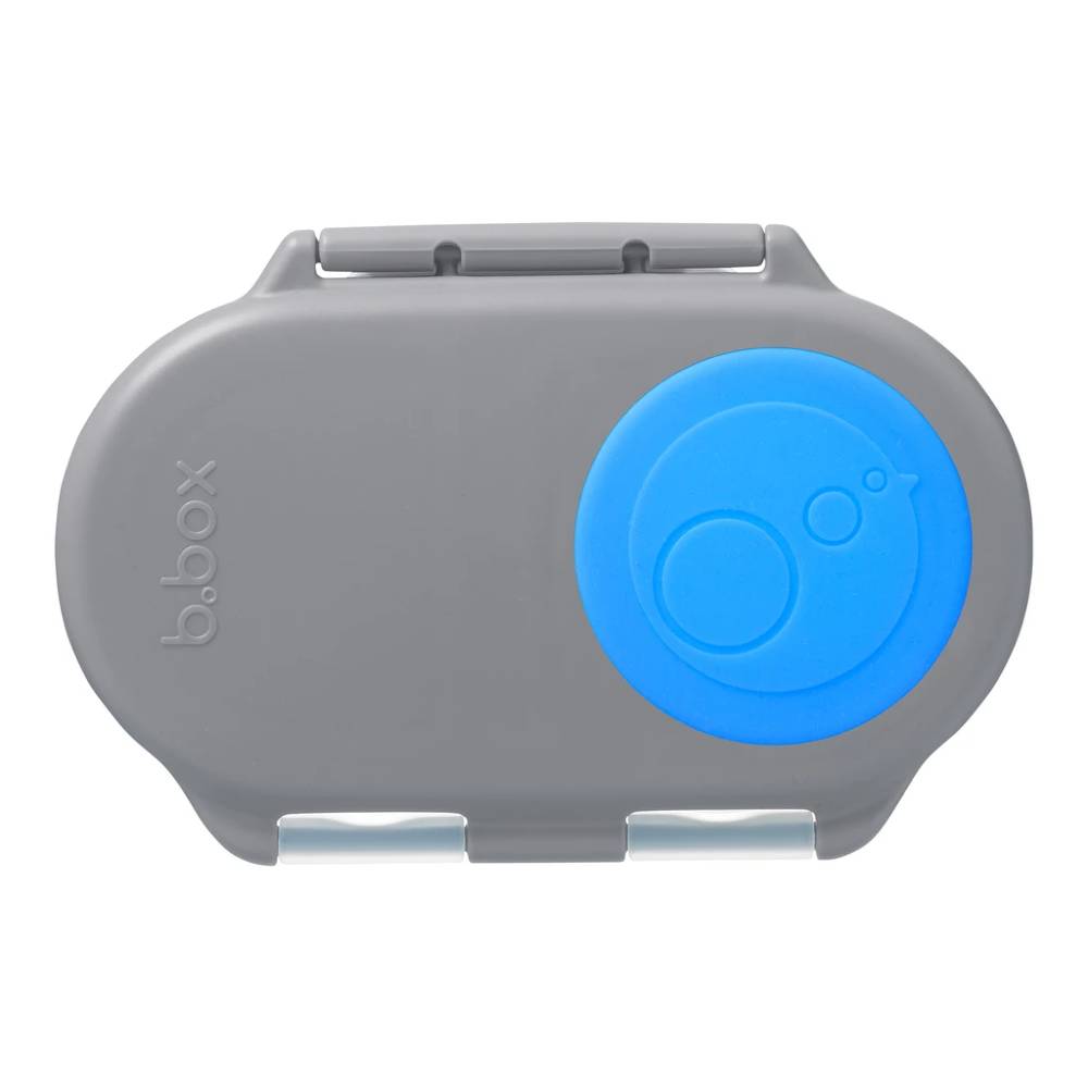 Gray snack container with a blue silicone lid piece featuring the b.box logo on a white background