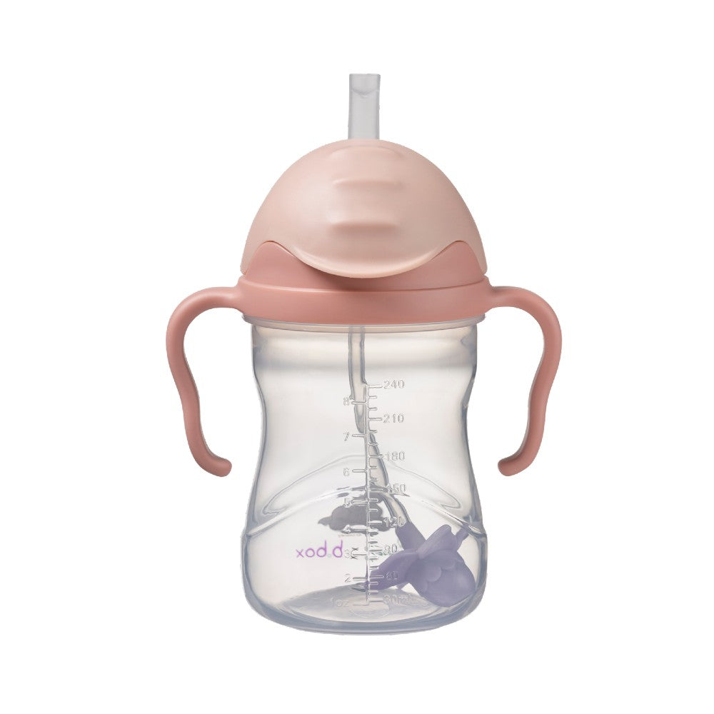 Pink sippy cup with handles and a straw on a white background