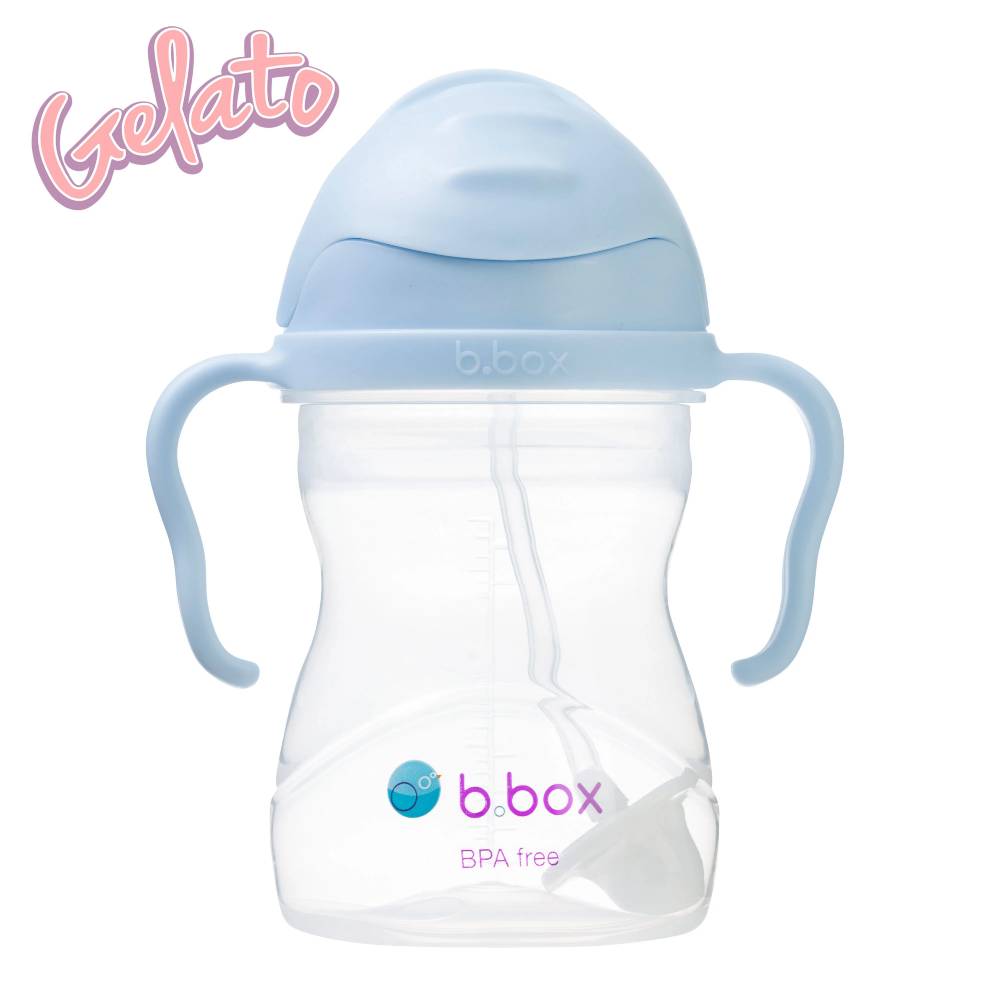 B.box sippy cup with blue handle and lid on a white background