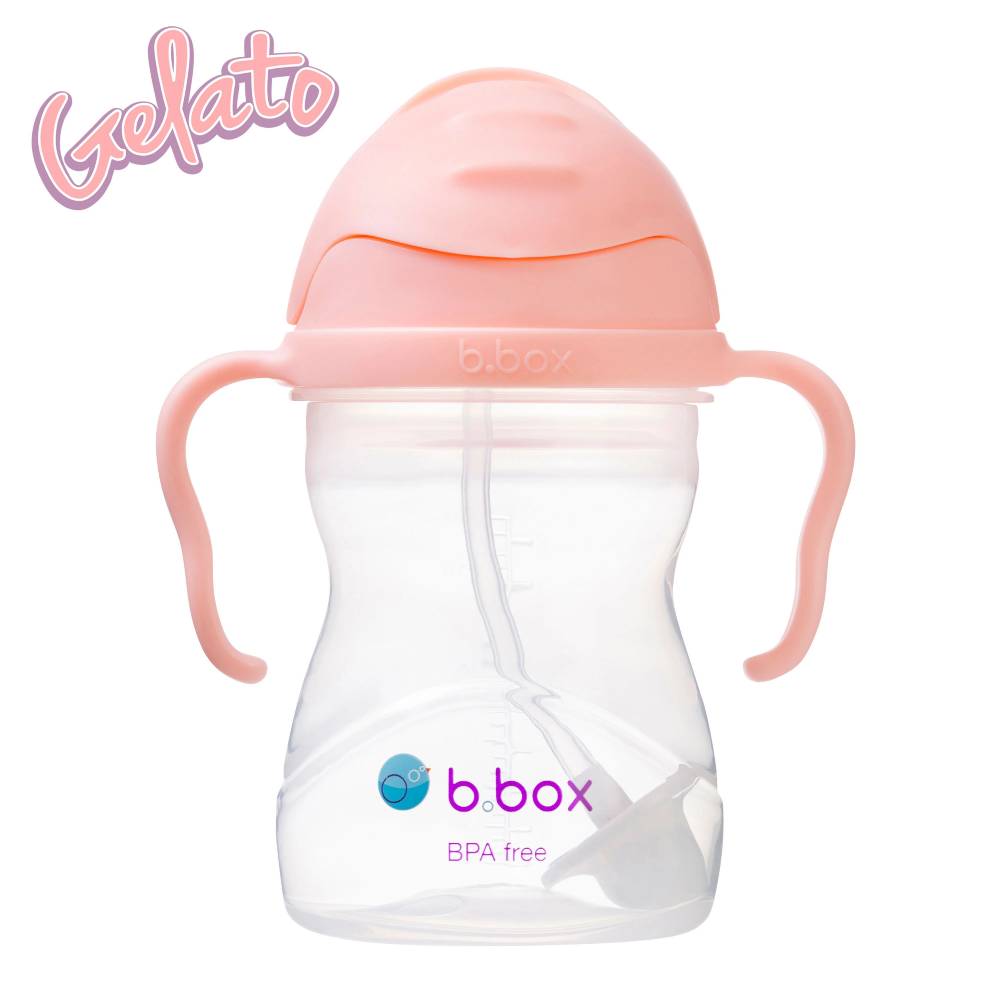 Pink sippy cup with 'b.box' branding on a white background