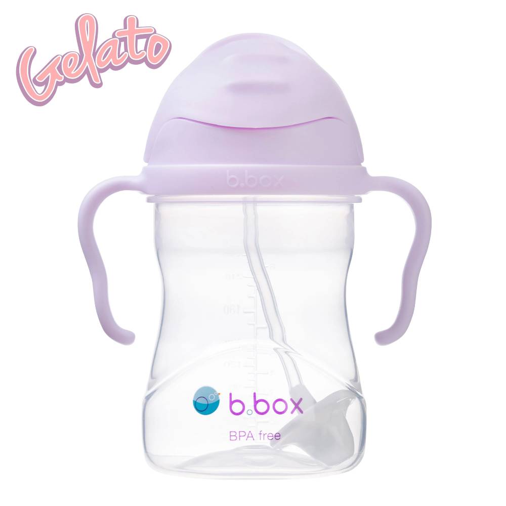 Clear sippy cup with purple lid and handles on a white background, featuring the b.box brand.