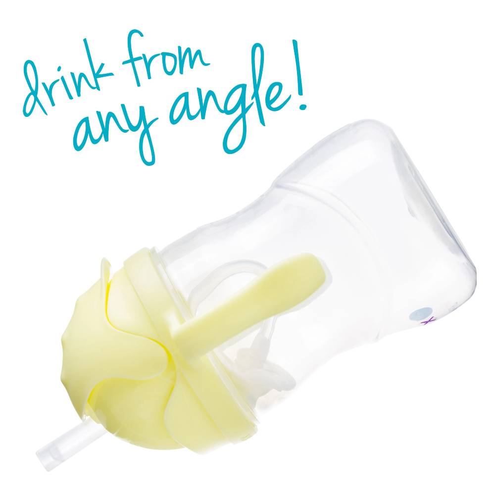 Clear cup with yellow straw holder on a white background, featuring text 'drink from any angle!'.