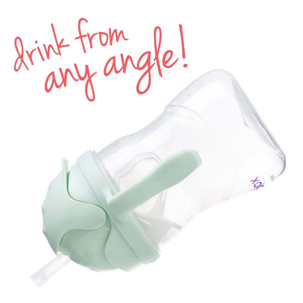 Mint green and clear sippy cup with straw on a white background, featuring text 'drink from any angle!'.