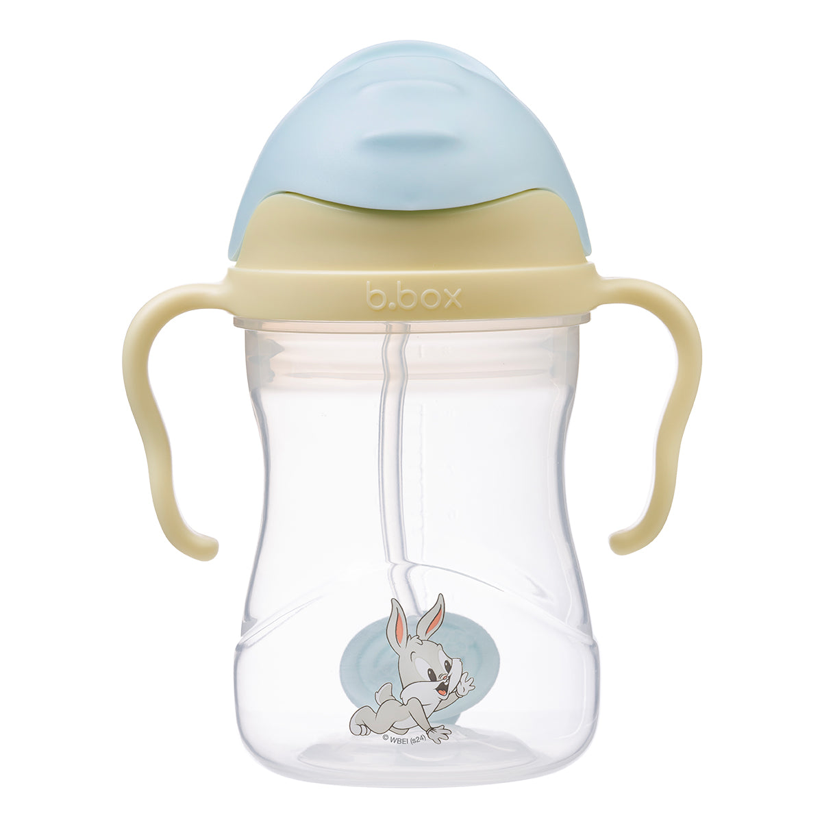 Clear sippy cup with blue lid and beige handles featuring a cartoon character on a white background